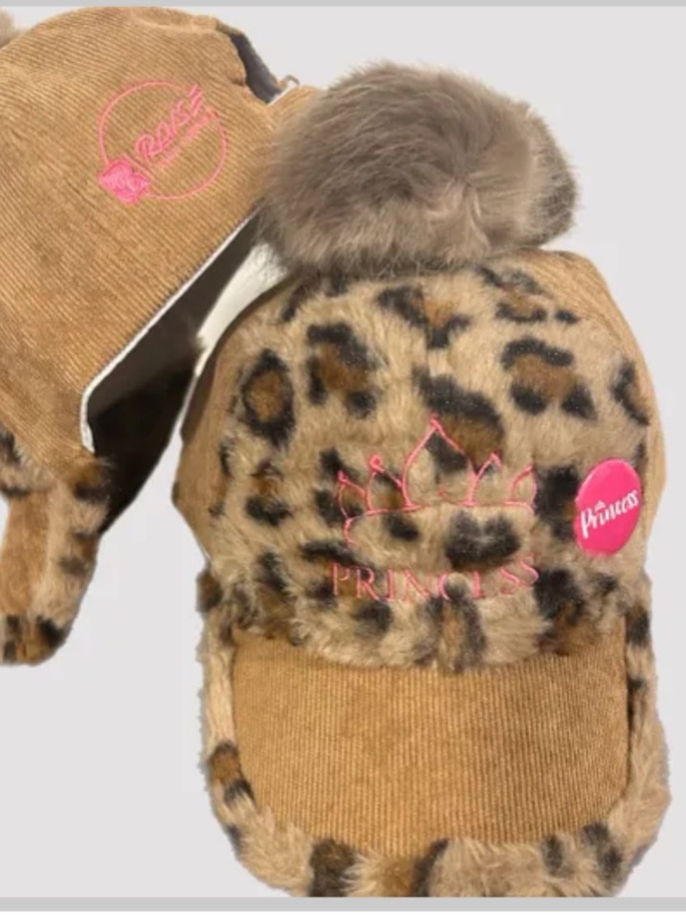 Prince Leopard-Print Kids Pom Pom Hat with Pink Embroidery